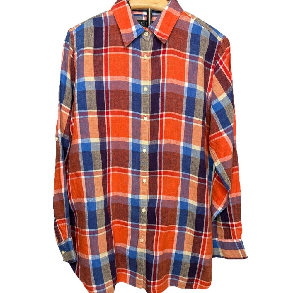 Lauren Ralph Lauren Top Women's  Large Linen Plaid Button Up Shirt Orange Blue